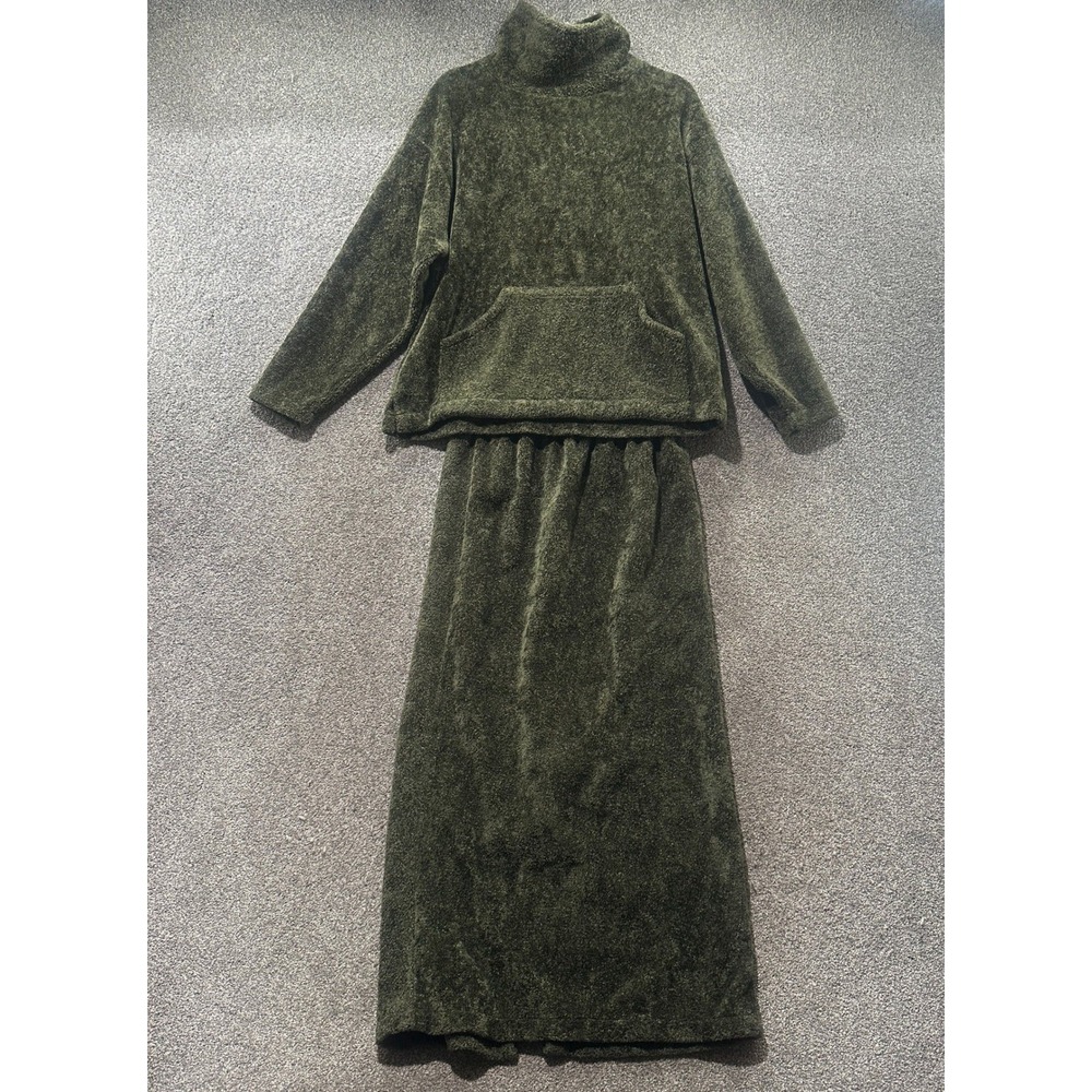 VTG USA Made Alps Green Fuzzy Fleece Skirt and Funnel Neck Sweatshirt Set M/L